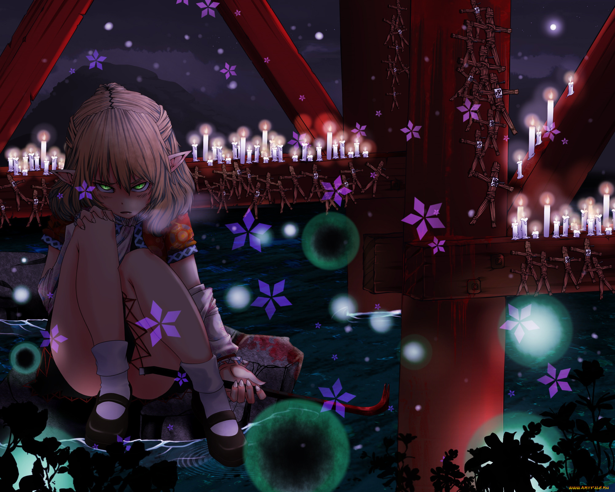 Обои Аниме Touhou, обои для рабочего стола, фотографии аниме, touhou,  mizuhashi, parsee, kumonji, aruto, девушка, платье, камень, вода, лом,  цветы, свечи, фигурки, вуду, кровь, растения, мост Обои для рабочего стола,  скачать обои